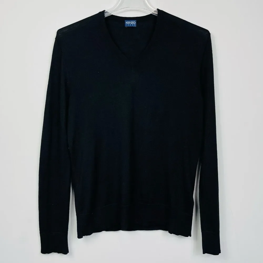 KENZO Homme Men’s Black Lightweight Silk Cashmere Blend V-Neck Basic Sweater L